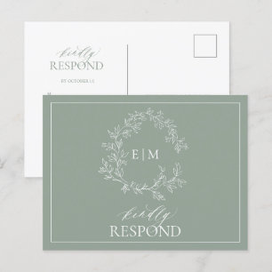 Postal De Invitación Sage Green Leafy Escudo Monograma Boda RSVP
