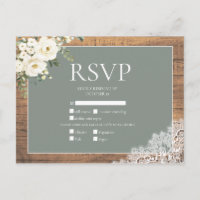 Sage Green White Floral Lace Wood Wedding RSVP