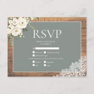 Postal De Invitación Sage Green White Floral Lace Wood Wedding RSVP