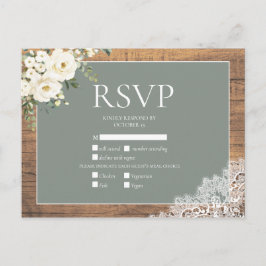 Postal De Invitación Sage Green White Floral Lace Wood Wedding RSVP
