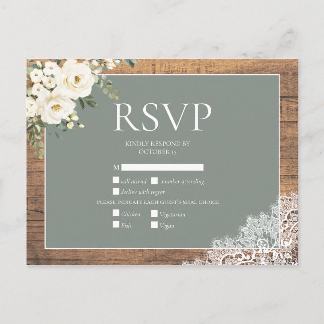Postal De Invitación Sage Green White Floral Lace Wood Wedding RSVP (Anverso)