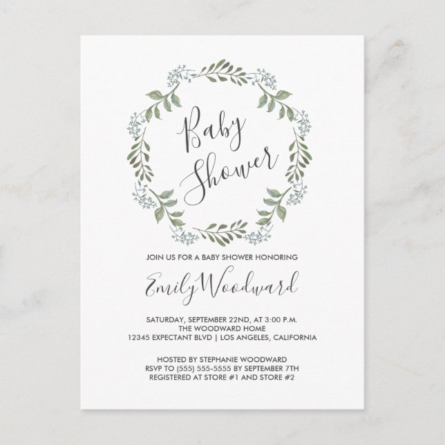 Postal De Invitación Sage Greenery Botanical Wreath Baby Shower (Anverso)