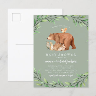 Postal De Invitación Sage Woodland Greenery Forest Animals Baby Shower