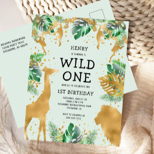 Postal De Invitación Salvaje Un Safari de la Selva Primer Día Verde