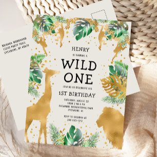 Postal De Invitación Salvaje Uno Safari 1er Cumpleaños Verde Dorado Cre