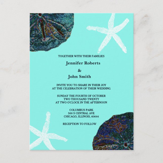 Postal De Invitación Sand Dollar Sea Shells Verde azulada Abstract Beac (Anverso)