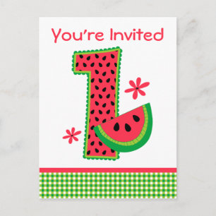 Postal De Invitación sandía 1º cumpleaños Gingham