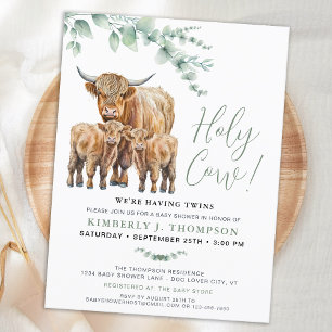 Postal De Invitación Santísima Vaca Gemelos Highland Calf Greenery Baby
