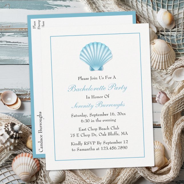 Postal De Invitación Seashell Blue Nautical Beach Bachelorette Party (Subido por el creador)