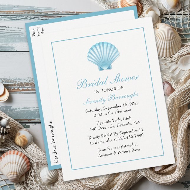 Postal De Invitación Seashell Bridal Shower Nautical Blue Beach Coastal (Subido por el creador)