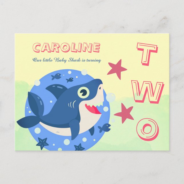 Postal De Invitación Segundo cumpleaños adorable tiburón bebé océano am (Anverso)
