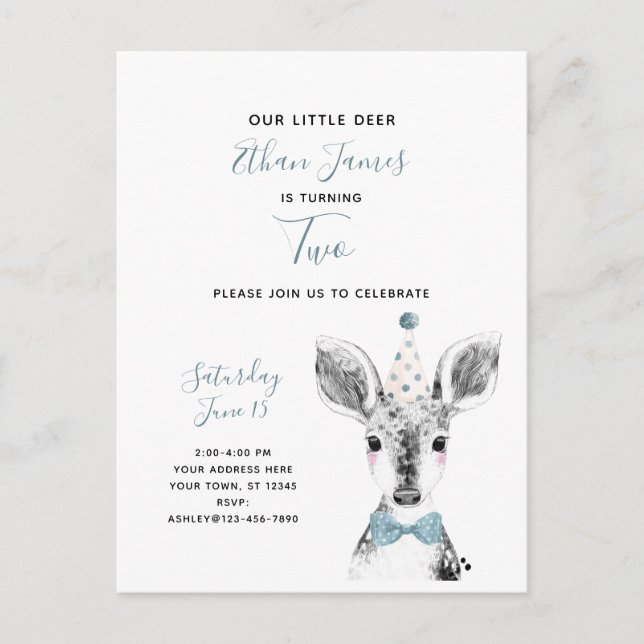 Postal De Invitación Segundo cumpleaños del Niño de los Deer Azul Blanc (Anverso)