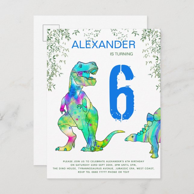 Postal De Invitación Selva de dinosaurios 6º cumpleaños presupuesto del (Anverso / Reverso)