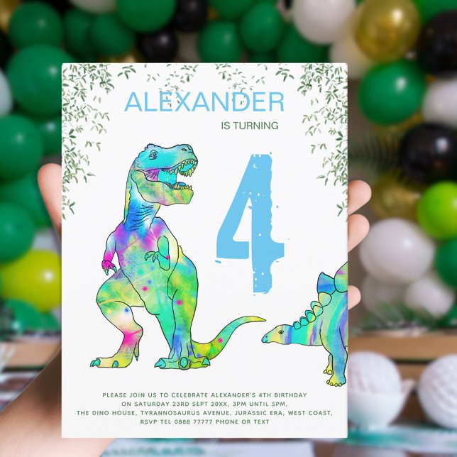 Postal De Invitación Selva de dinosaurios cuarto cumpleaños Fiesta pres (Dinosaur colorful T-Rex and stegosaurus jungle 4th birthday party budget invitation postcard )