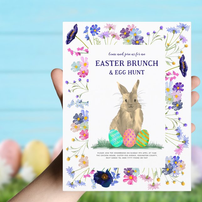 Postal De Invitación Semana Santa Bunny Egg Hunt Brunch Floral (Boho floral Easter brunch and egg hunt invitation )