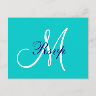 Postal De Invitación Sencilla boda de monograma azul de la Marina Verde