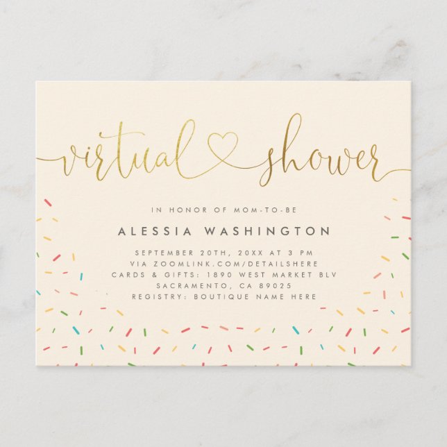 Postal De Invitación Sencilla ducha virtual de caligrafía Beige y oro (Anverso)