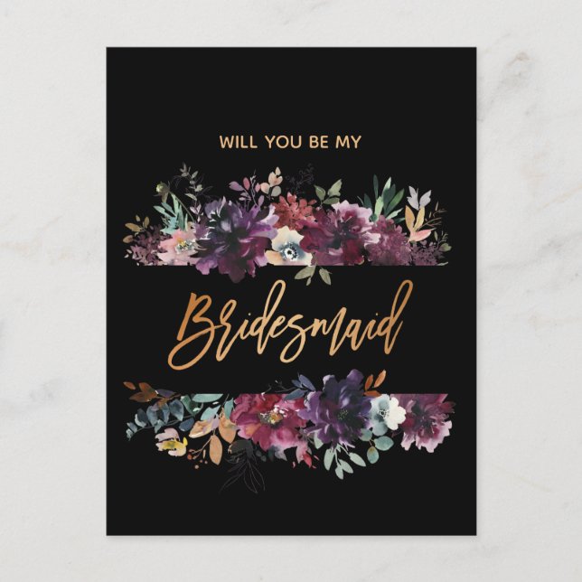 Postal De Invitación Serás Mi Bridesmaid Burgundy Marsala Floral (Anverso)