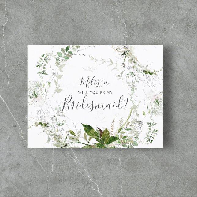 Postal De Invitación ¿Serás Mi Bridesmaid Green Sketch Foliage? (Subido por el creador)
