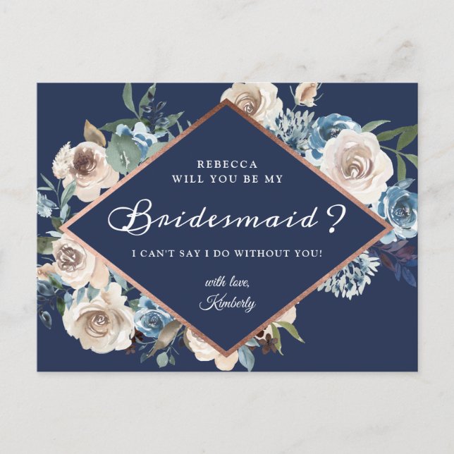 Postal De Invitación ¿Serás Mi Bridesmaid Marina Floral Neutral Azul (Anverso)