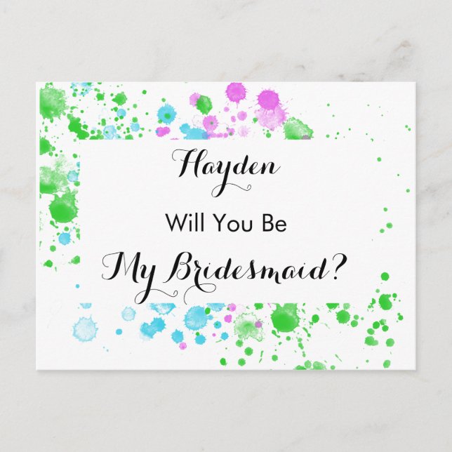 Postal De Invitación ¿Serás Mi Bridesmaid Watercolor Splash (Anverso)