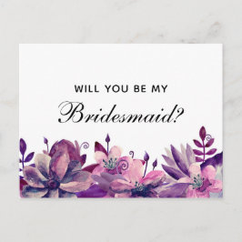 Postal De Invitación Serás mi dama de honor. Flores moradas y rosas