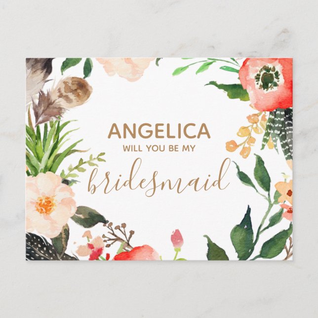 Postal De Invitación Serás mi dama de honor oro de flores (Anverso)