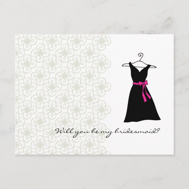Postal De Invitación ¿Serás mi dama de honor? Vestido negro/rosa (Anverso)