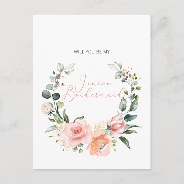 Postal De Invitación Serás Mi Jr. Bridesmaid Guión Rosado Floral (Anverso)