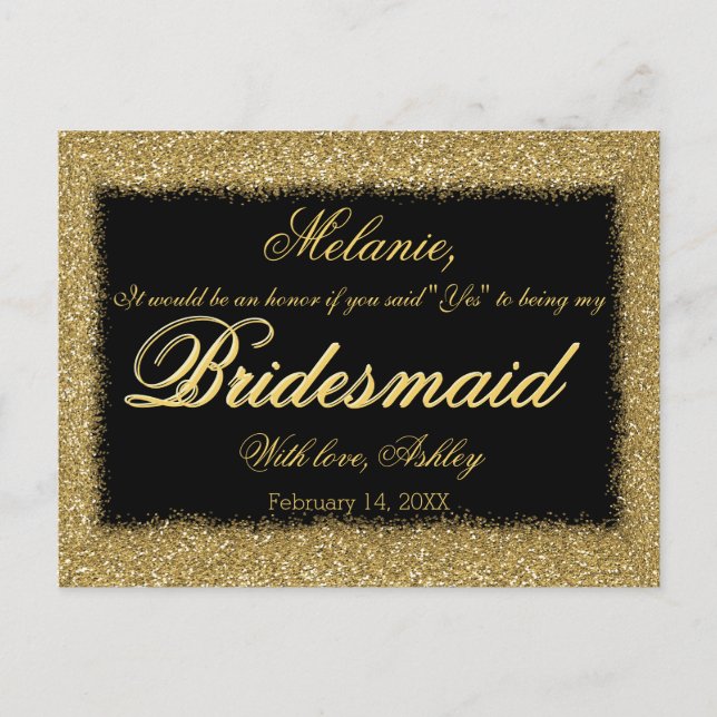 Postal De Invitación ¿Serás Mi Novia? Borde de Purpurina dorado (Anverso)