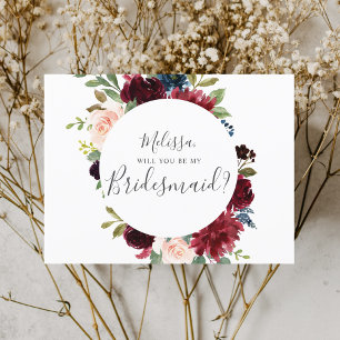 Postal De Invitación ¿Serás Mi Novia Burgundy Floral Azul