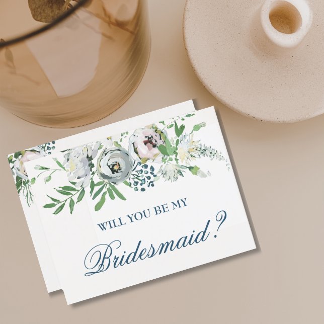 Postal De Invitación ¿Serás mi novia propuesta Bonito Floral? (BEAUTIFUL CLASSIC BOHO WATERCOLOR FLORAL WHITE ROSE WILL YOU BE MY BRIDESMAID? )