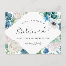 Postal De Invitación ¿Serás Mi Novia Sage Green Blue Floral?