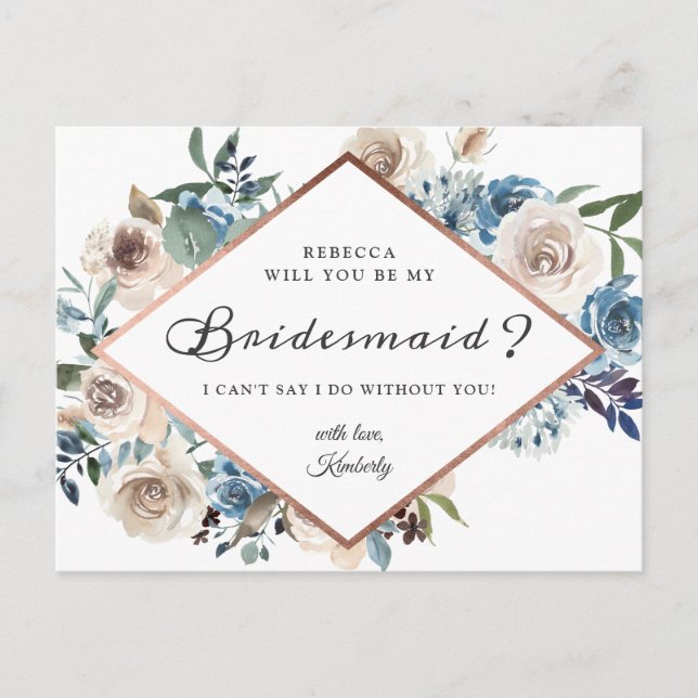 Postal De Invitación Serás Mi Noviaria Boho Dusty Blue Floral (Anverso)