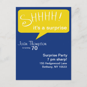 Postal De Invitación Shhh fiesta de sorpresa - azul y oro