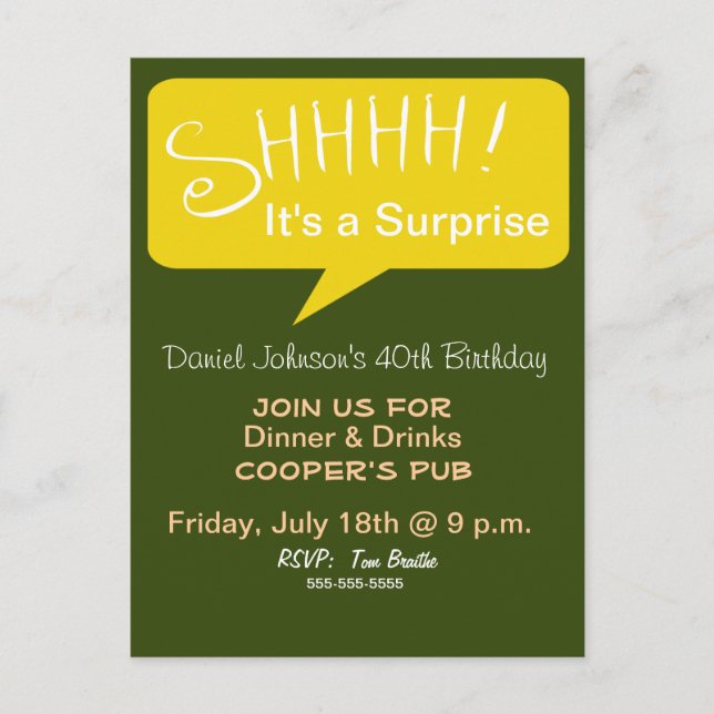 Postal De Invitación Shhh Fiesta sorpresa - Verde y Oro (Anverso)