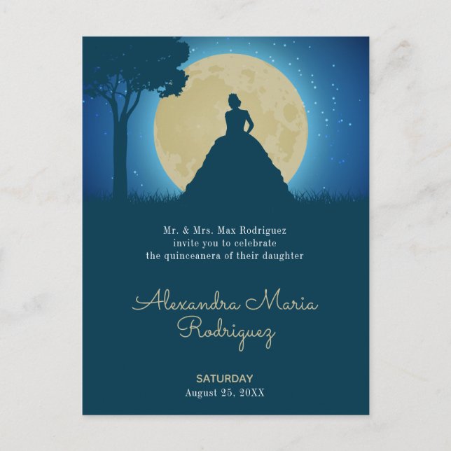 Postal De Invitación Silhouette coronada con Moon Quinceanera (Anverso)