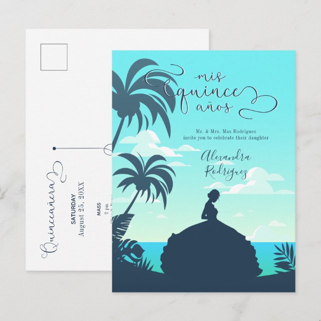 Postal De Invitación Silhouette Tropical Quinceanera (Anverso / Reverso)