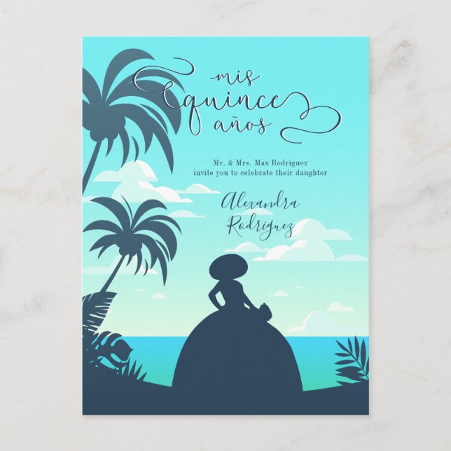 Postal De Invitación Silhouette Tropical Quinceanera (Anverso)