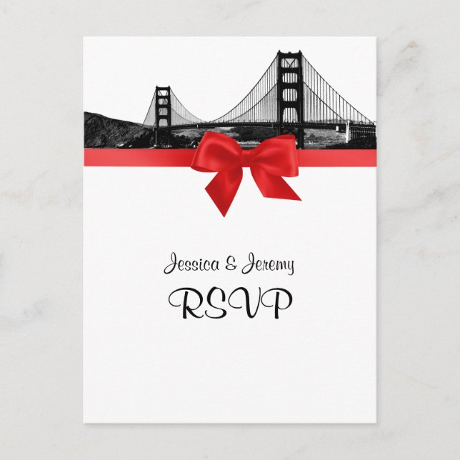 Postal De Invitación Silueta de San Fran grabada BW Rojo RSVP 1 (Anverso)