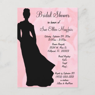 Postal De Invitación Silueta negra novia fondo floral rosado