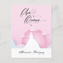 Postal De Invitación Silueta rosa y blanca con quinceanera lunar