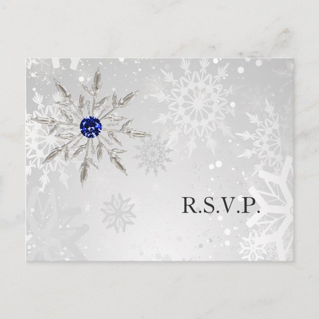 Postal De Invitación Silver Royal Blue Snowflakes Winter Wedding rsvp (Anverso)