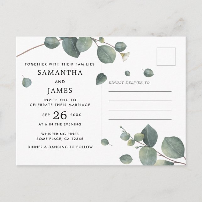 Postal De Invitación Simple acuarela Eucalyptus Photo Boda (Anverso)