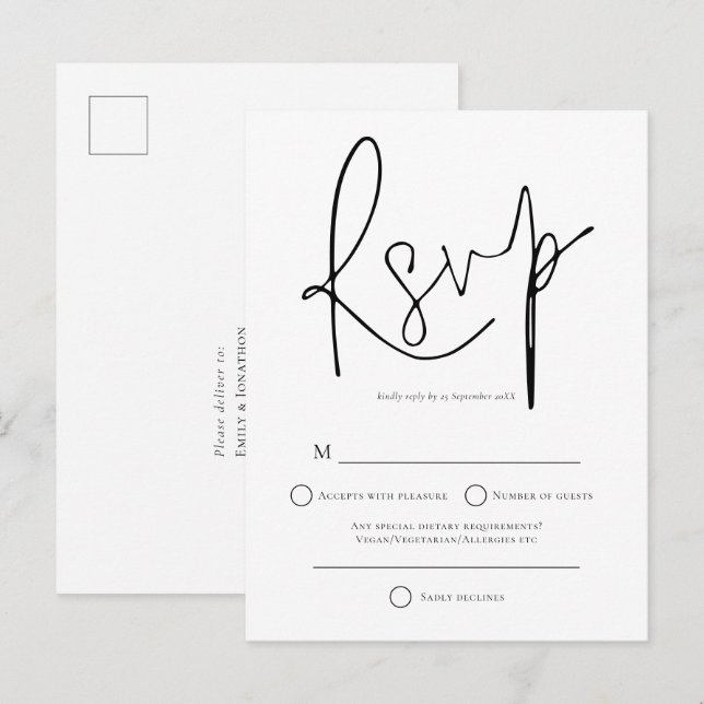Postal De Invitación Simple Black Wedding RSVP (Anverso / Reverso)