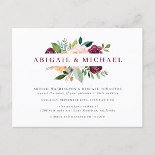 Postal De Invitación Simple Boda Rubor & Burgundy Watercolor Bouquet