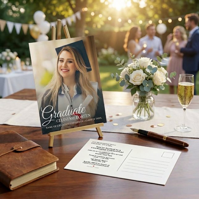 Postal De Invitación Simple Modern Calligraphy Photo Graduation   (Simple Modern Calligraphy Photo Graduation Invitation Postcard)