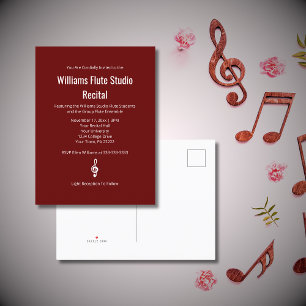 Postal De Invitación Simple Red Treble Clef Music Studio Recital