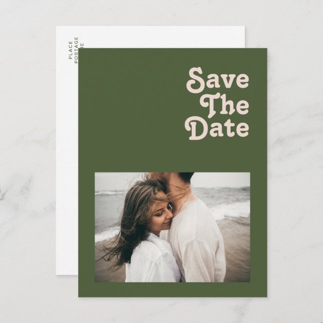 Postal De Invitación Simple Retro Vibe Olive Green Photo Save The Date (Anverso / Reverso)