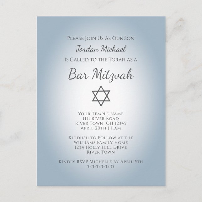 Postal De Invitación Simple Star of David Modern Bar Mitzvah Blue (Anverso)